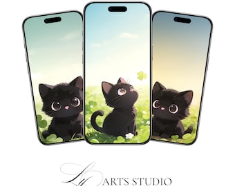 Anime Black Cat Phone Wallpaper Set – Clover Meadow Designs (Digital Download)