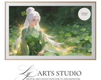 Ethereal Anime Girl Clover Art | Emerald Nature Fantasy Digital Wallpaper (3 Designs)