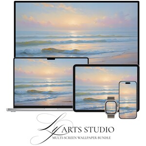 Könnte beinhalten: Ein Multi-Screen-Wallpaper-Bundle mit einer ruhigen Strandszene mit Sonnenuntergang über dem Meer. Das Bild wird auf einem Laptop, Tablet, Telefon und einer Smartwatch angezeigt. Der Text "LY ARTS STUDIO" und "MULTI-SCREEN WALLPAPER BUNDLE" sind sichtbar.