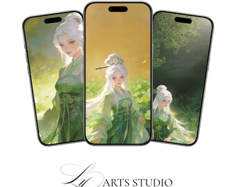 Ethereal Anime Girl Phone Wallpaper Bundle | Lucky Clover Goddess, Nature Fantasy (Digital Download)