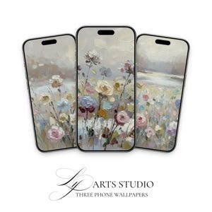 May include: Three phone wallpapers displaying a floral oil painting in pastel colors. The artwork features a field of flowers in shades of pink, blue, yellow, and white. The text "Ly Arts Studio" and "Three Phone Wallpapers" is at the bottom.