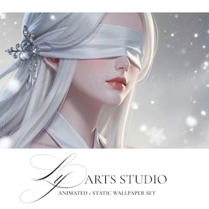 May include: Digital art of a person with long white hair, a white blindfold, and a decorative silver hairpiece. The image has a soft, ethereal quality with a snowy background. The text "LY ARTS STUDIO" and "ANIMATED + STATIC WALLPAPER SET" are at the bottom.