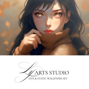 Pode incluir: Arte digital de uma mulher com cabelo longo e preto e olhos em tons quentes, usando um suéter de gola alta marrom. A imagem tem um estilo suave e pictórico com um fundo desfocado de folhas de outono. O texto "LY ARTS STUDIO LIVE & STATIC WALLPAPER SET" está na parte inferior.