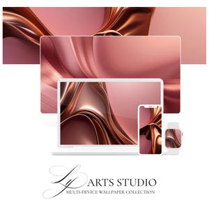 May include: A multi-device wallpaper collection featuring a flowing, abstract design in shades of rose and bronze. The image showcases a laptop, phone, tablet, and smartwatch, all displaying the same wallpaper. The text "Ly Arts Studio" is visible.
