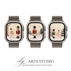 Könnte beinhalten: Drei Smartwatches mit silbernen Armbändern zeigen Winterszenen. Jedes Zifferblatt zeigt einen Nussknacker, eine Ballerina und verschneite Bäume. Der Text "ARTS STUDIO DIGITAL WATCH FACE COLLECTION" befindet sich unten.