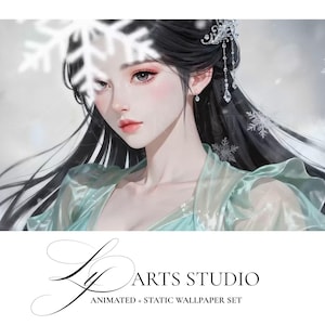 May include: Digital art of a woman with long black hair, wearing a light green dress and a jeweled hairpiece. The image has a winter theme with snowflakes and the text "LY ARTS STUDIO ANIMATED + STATIC WALLPAPER SET".