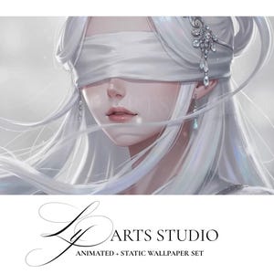 May include: Digital art of a woman with long white hair and a white blindfold. She wears a jeweled headpiece and earrings. The image has a soft, ethereal quality. The text "LY ARTS STUDIO" and "ANIMATED + STATIC WALLPAPER SET" are at the bottom.