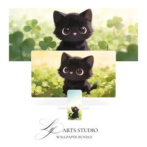 May include: A digital art wallpaper bundle featuring a black kitten with large eyes and a pink nose, set in a field of green clovers. The design is displayed on a computer monitor and a smartphone. The text "Ly Arts Studio Wallpaper Bundle" is at the bottom.