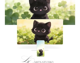Black Cat Wallpaper Bundle 9 Pack Clover Meadow Desktop Laptop Phone Background Digital