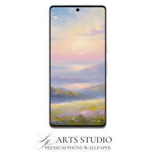 Landscape Painting Phone Wallpaper, Sunset Mountain Floral Field Mobile Background, Aesthetic iPhone Android Galaxy Pixel, Ultra HD Digital