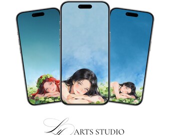 Anime Girls Phone Wallpaper Bundle | Green Blue Watercolor Clover Background (Digital Download)