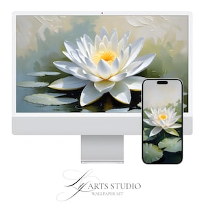 Ensemble de papier peint nénuphar - peinture à l'huile style art numérique (16 x 9 et 9 x 19,5) - arrière-plans de bureau et de smartphone - téléchargement immédiat