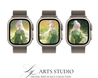 Lucky Clover Goddess Watch Face Set | Ethereal Anime Girl, Emerald Green (Digital Download)