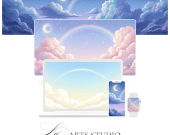 Pastel Sky Wallpaper Bundle: Rainbow Moon Clouds (Digital Download)