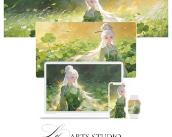 Clover Goddess Digital Wallpaper Set, Ethereal Anime Girl, Nature Fantasy (Digital Download)