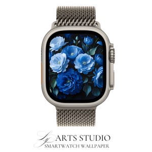 Carta da parati floreale blu vintage Moody per smartwatch - Adatta per Apple Watch e Galaxy Watch - Quadrante botanico di lusso - Dark Academia