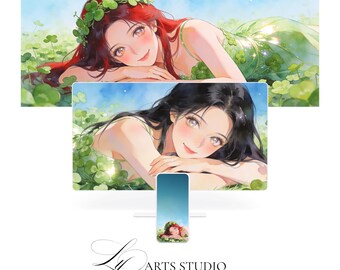 Anime Girls Clover Wallpaper Bundle | Green Watercolor Garden Background (Digital Download)