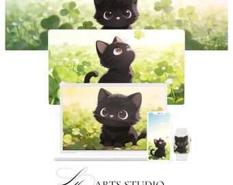 Black Cat Wallpaper Bundle – Clover Meadow Digital Art (Multi-Device)
