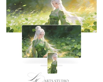 Ethereal Anime Girl Wallpaper Bundle | Emerald Green Fantasy Art (Digital Download)