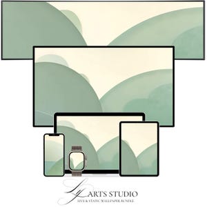 May include: A collection of digital devices, including a TV, laptop, tablet, phone, and smartwatch, displaying a green and cream watercolor landscape. The devices are arranged to showcase a wallpaper bundle. The text "ARTS STUDIO" and "LIVE & STATIC WALLPAPER BUNDLE" are at the bottom.