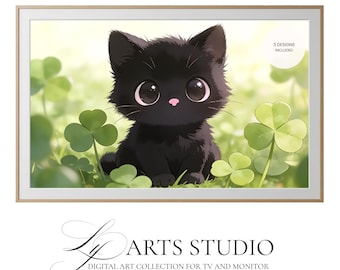 Anime Black Cat Clover Meadow Art – 3 Designs TV and Desktop Monitor Wallpaper (Digital Download)