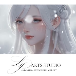 May include: A digital illustration of a woman with long white hair and pale skin. She has blue eyes and is wearing a silver hairpiece. The image has a soft, ethereal quality, with a blurred background and the text "LY ARTS STUDIO" and "ANIMATED + STATIC WALLPAPER SET".