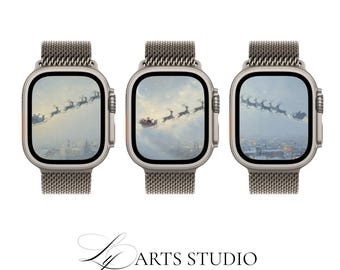 Vintage Style Santa and Reindeer Watch Faces | Christmas Smartwatch Background | Night Sky Digital Art