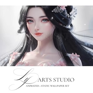 May include: Digital art of a woman with long black hair, adorned with floral and silver accents. She has fair skin, rosy cheeks, and a soft expression. The image includes the text "LY ARTS STUDIO" and "ANIMATED + STATIC WALLPAPER SET".