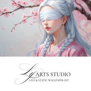 Könnte beinhalten: Digitale Kunst einer Frau mit silbernem Haar und einer weißen Augenbinde, die einen rosa Kimono trägt. Kirschblüten und fallende Blütenblätter umrahmen das Motiv. Der Text "LY ARTS STUDIO LIVE & STATIC WALLPAPER SET" ist vorhanden.