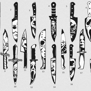 May include: A collection of black and white knives, each featuring a different horror movie character design. The knives vary in shape and size, with detailed illustrations of faces and skulls. The image is a graphic representation of various iconic horror movie villains.