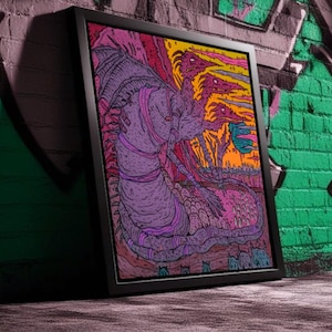 Livor, Rigor, Aldor: póster de pared surrealista oscuro, un buitre morado de tres cabezas