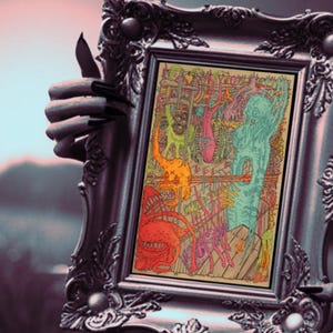 Surrealistisch wezen poster - trippy mutant kunst aan de muur, psychedelische horrorprint, rare, lowbrow artwork van een buitenstaander, gedurfd decor