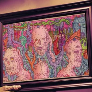 Grotesque body horror poster - surreal mutant wall art, trippy lowbrow creature print, weird psychedelic outsider illustration