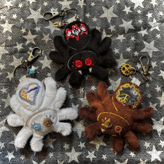 Handmade Embroidered Plush Spider Keychain Macabre Gothic Spooky Steampunk Wonderland with Button Eyes