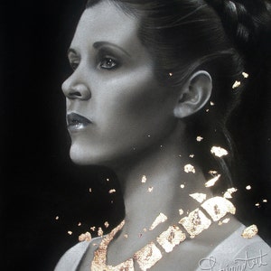Carrie Fisher Prints Multiple sizes Princess Leia, Star Wars Original charcoal portrait with Goldleaf Print of original image 1