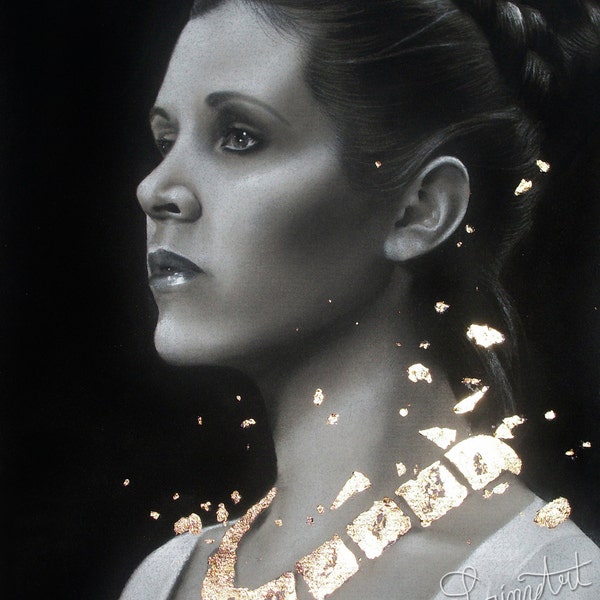 Carrie Fisher Prints - Multiple sizes - Princess Leia, Star Wars - Original charcoal portrait with Goldleaf - Print of original