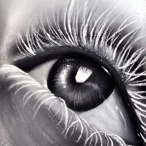 Frosted Eye close up Drawing - Frosted lashes - white eye lashes - Print - Original Artwork, macro, close up, black and white, charcoal eye