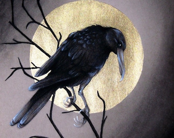 Midnight Crow - Multiples tailles - pleine lune - corbeaux - impression de feuilles d’or - métallique - dark academia - art sorcier - Impression de l’original