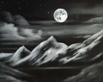 ブラックナイトランドスケープ - オリジナルアート - 木炭画