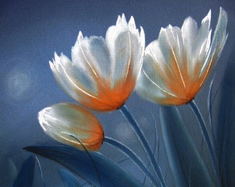 Lentetulp- Originele Kunst - Pastel en houtskool tekening - tulpen schilderij, lente bloemen