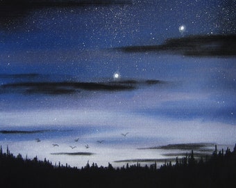 Night sky wonder - Original Art - Charcoal drawing - night sky, full moon skyscape, dark clouds