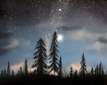 Planets and Pines - Original Art - Charcoal drawing - night sky, full moon skyscape, dark clouds, planets and stars