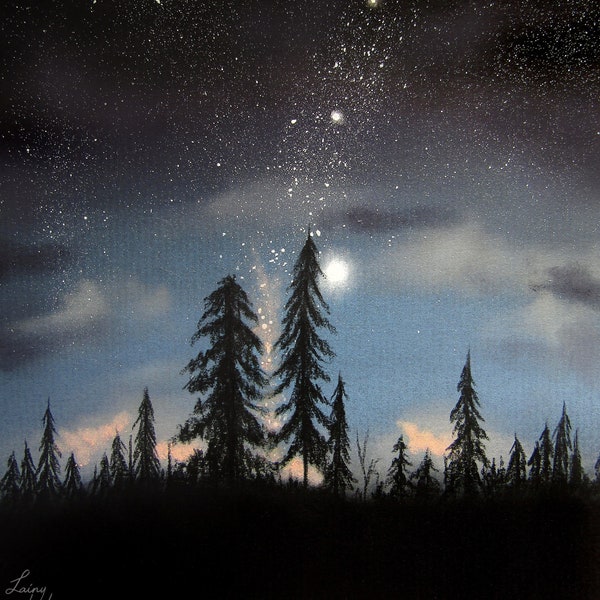 Planètes et pins - Art original - Dessin au fusain - ciel nocturne, paysage de pleine lune, nuages sombres, planètes et étoiles