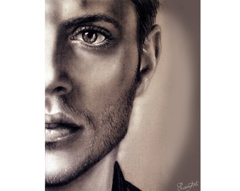 Dean Winchester - Jensen Ackles - Print - Supernatural, Realistic charcoal drawing, celebrity portrait