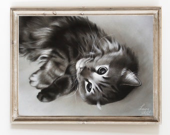 Kattenportret realistisch, handgeschilderd vanaf foto, aangepast pastel huisdierportret, cadeau ouder kat