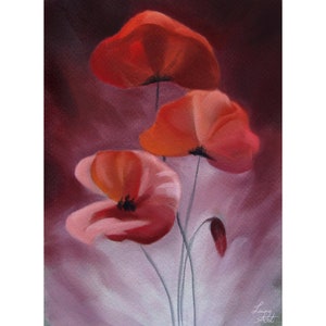 Pastel Poppies - Original Art - Pastel and charcoal drawing - Poppy painting, red flowers