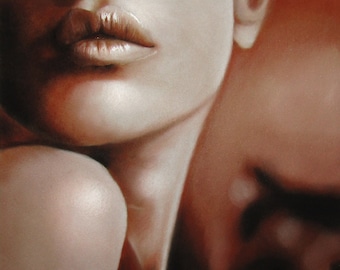 Sepia Woman - Original art - Pastel and charcoal drawing - Over shoulder, lips close up