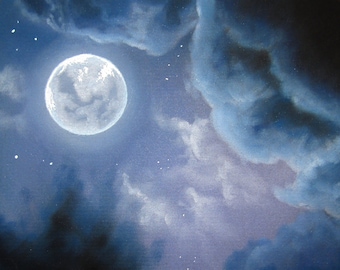 Full Moon series - Cloudy Night - Original Art - Charcoal drawing - night sky, full moon skyscape, dark clouds