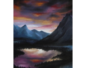 Sunset Reflections - Original Art - charcoal drawing, pastel painting - mountain lake landscape, dark landscape