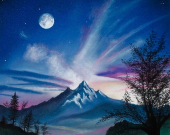 Pastel Landscape - Multiple size Prints - 8x10 11x14 Mountain landscape, sunrise, sunset, Moon and stars, Land and sky